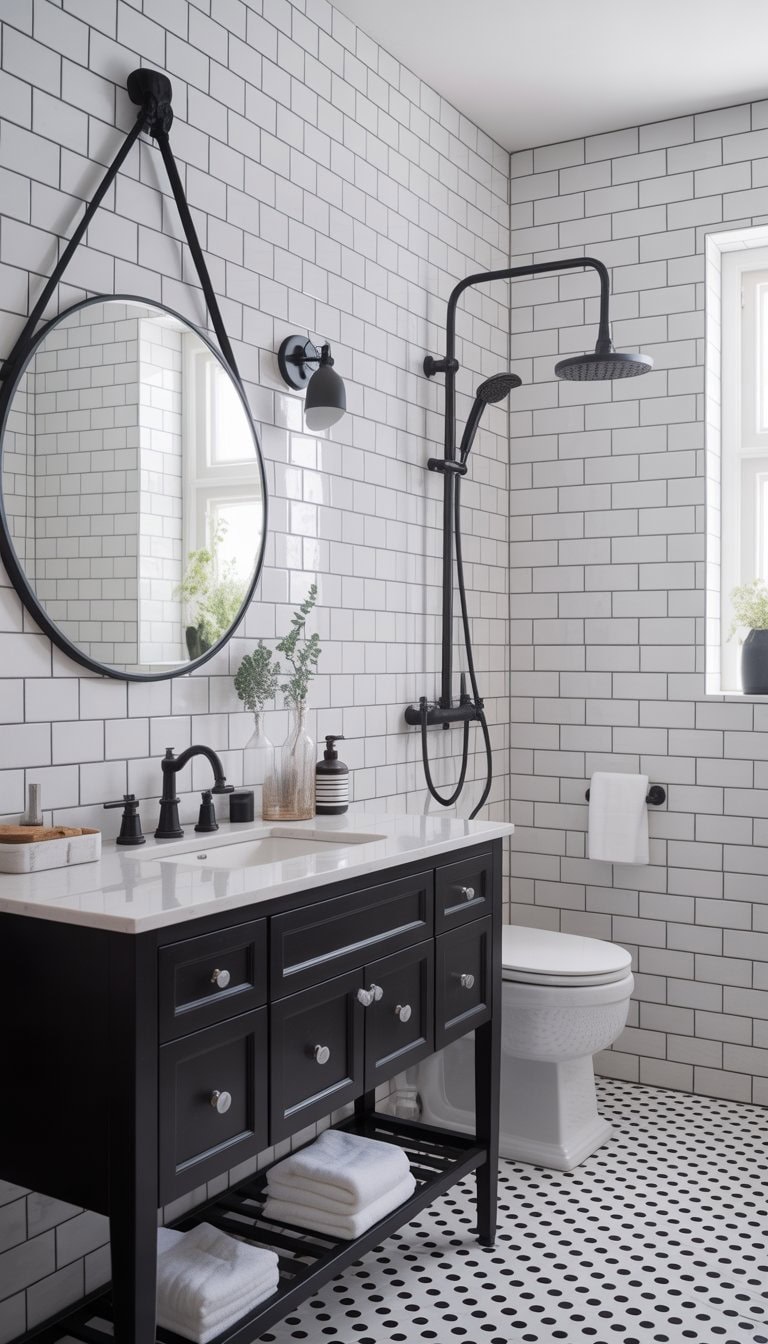 A bathroom with white subway tile walls, a black vanity with a white countertop, a round mirror, and black fixtures.