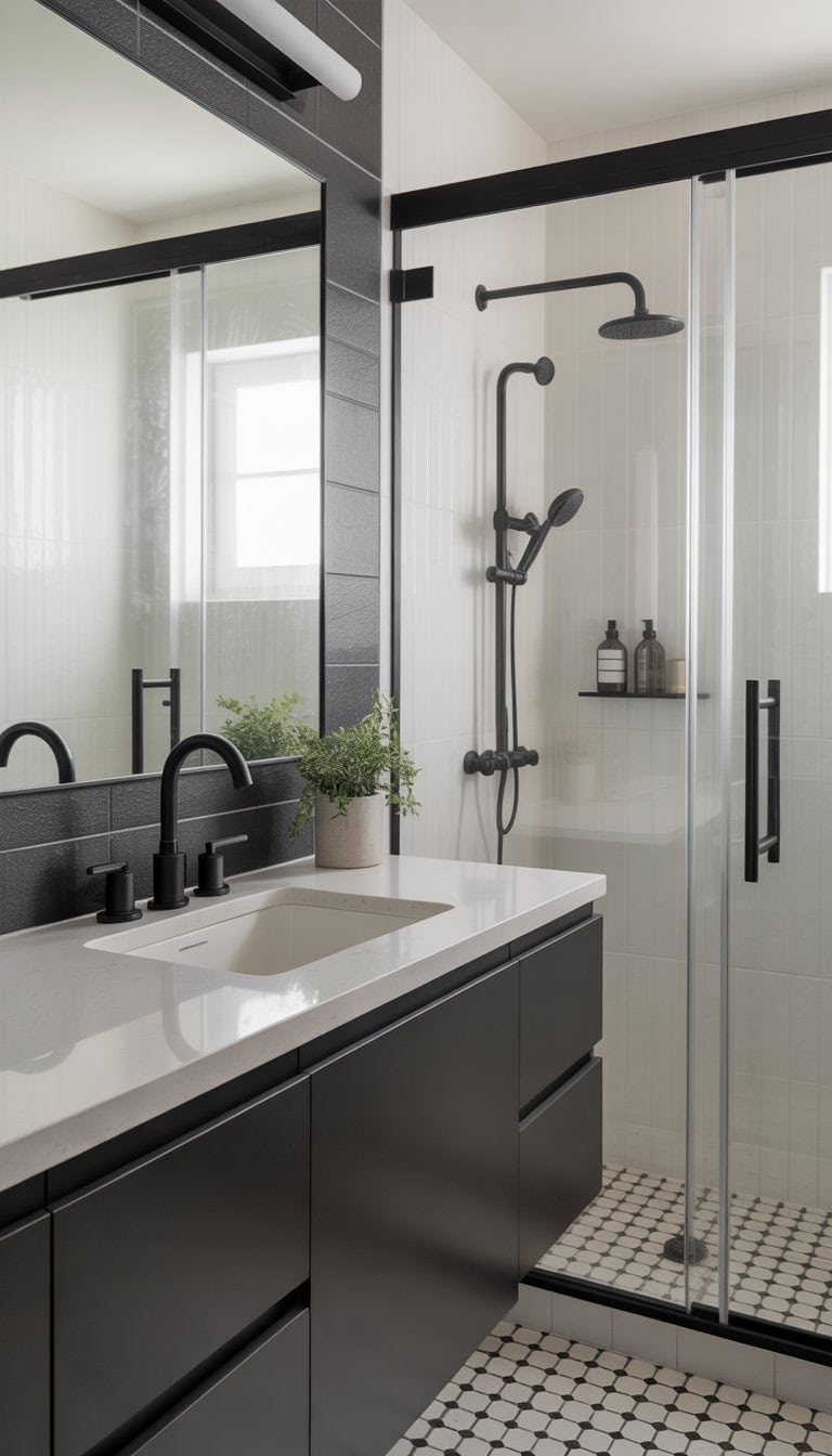 A modern bathroom with matte black fixtures, white walls, black and white patterned floor tiles, a large mirror, and a small green plant on the countertop.