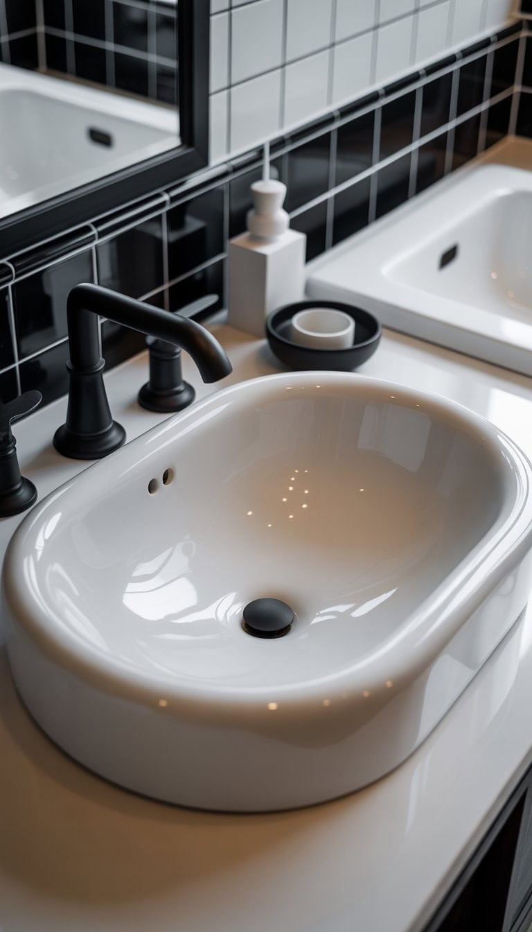 A bathroom with a glossy white ceramic sink surrounded by black and white design elements.
