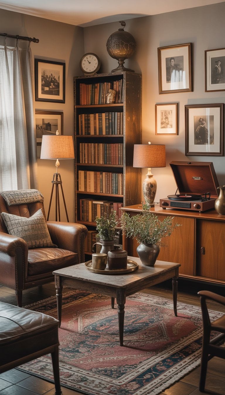 A cozy living room with vintage furniture, decorative pillows, framed photographs, and warm natural lighting.