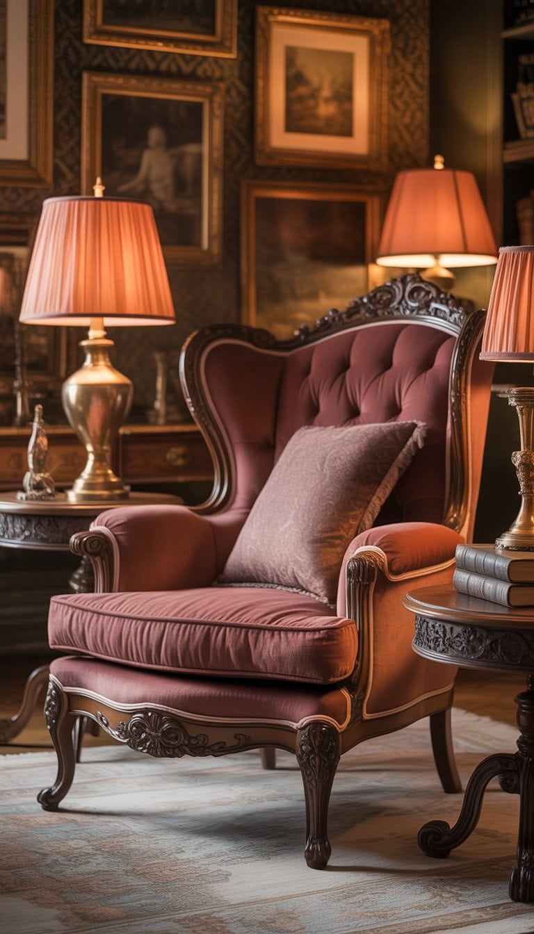 A living room with an antique armchair surrounded by vintage decor and warm lighting.