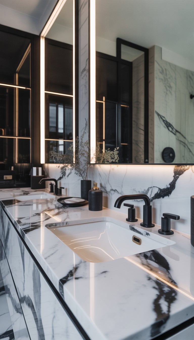 A bathroom with white marble countertops featuring black veins, black fixtures, a large mirror, and minimalist decor.