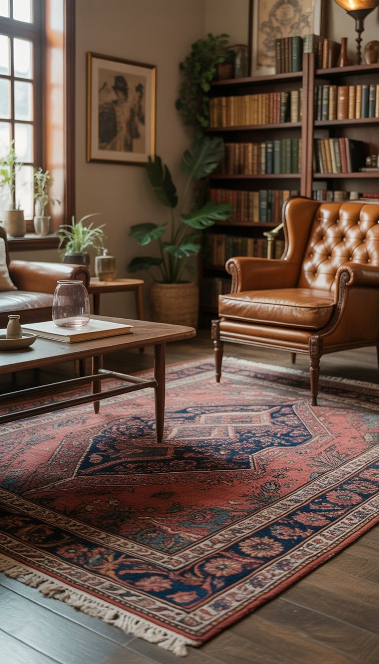 A living room with a patterned rug, a leather armchair, a wooden coffee table, bookshelves, and plants.