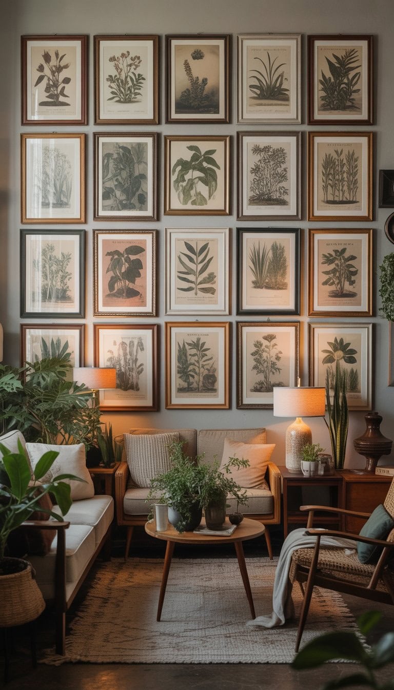 A living room wall displaying multiple framed botanical prints surrounded by vintage furniture and decor.