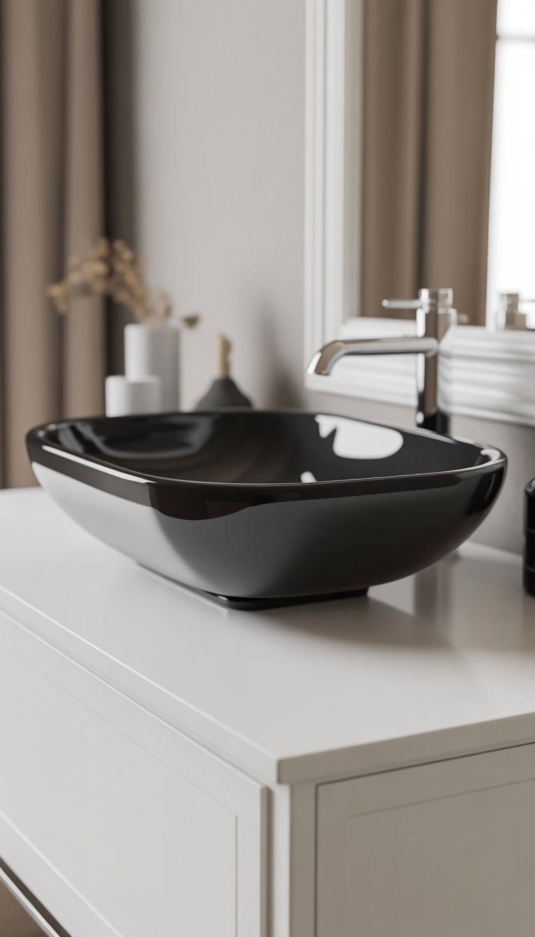 A black vessel sink on a white bathroom vanity countertop with soft natural lighting.