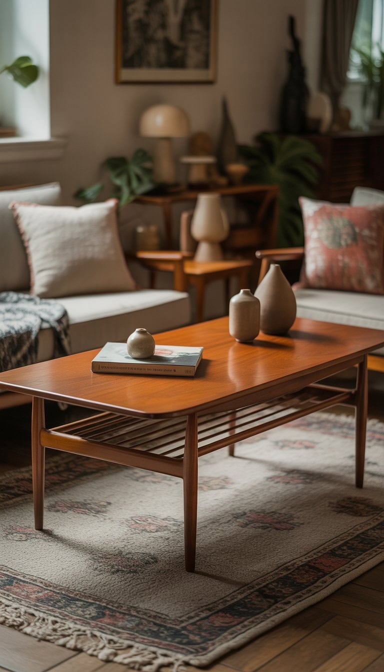A teak coffee table in a cozy living room with seating, decorative cushions, plants, and soft natural light.