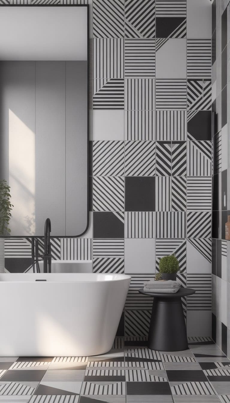 A modern bathroom with a freestanding bathtub, geometric black and white wallpaper, black fixtures, and tiled floor.