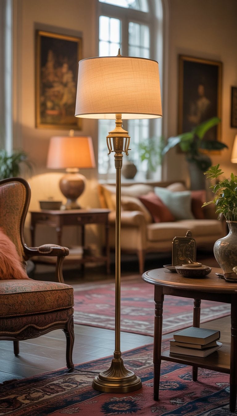 A brass floor lamp with a fabric shade next to an armchair and side table in a living room filled with furniture and decor.