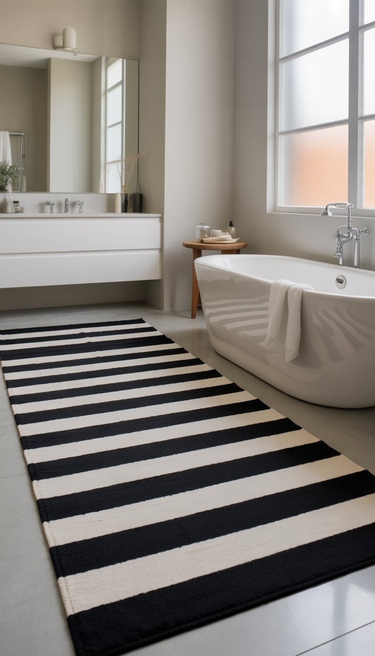 A bright bathroom with a freestanding bathtub and black and white striped rugs on the floor.