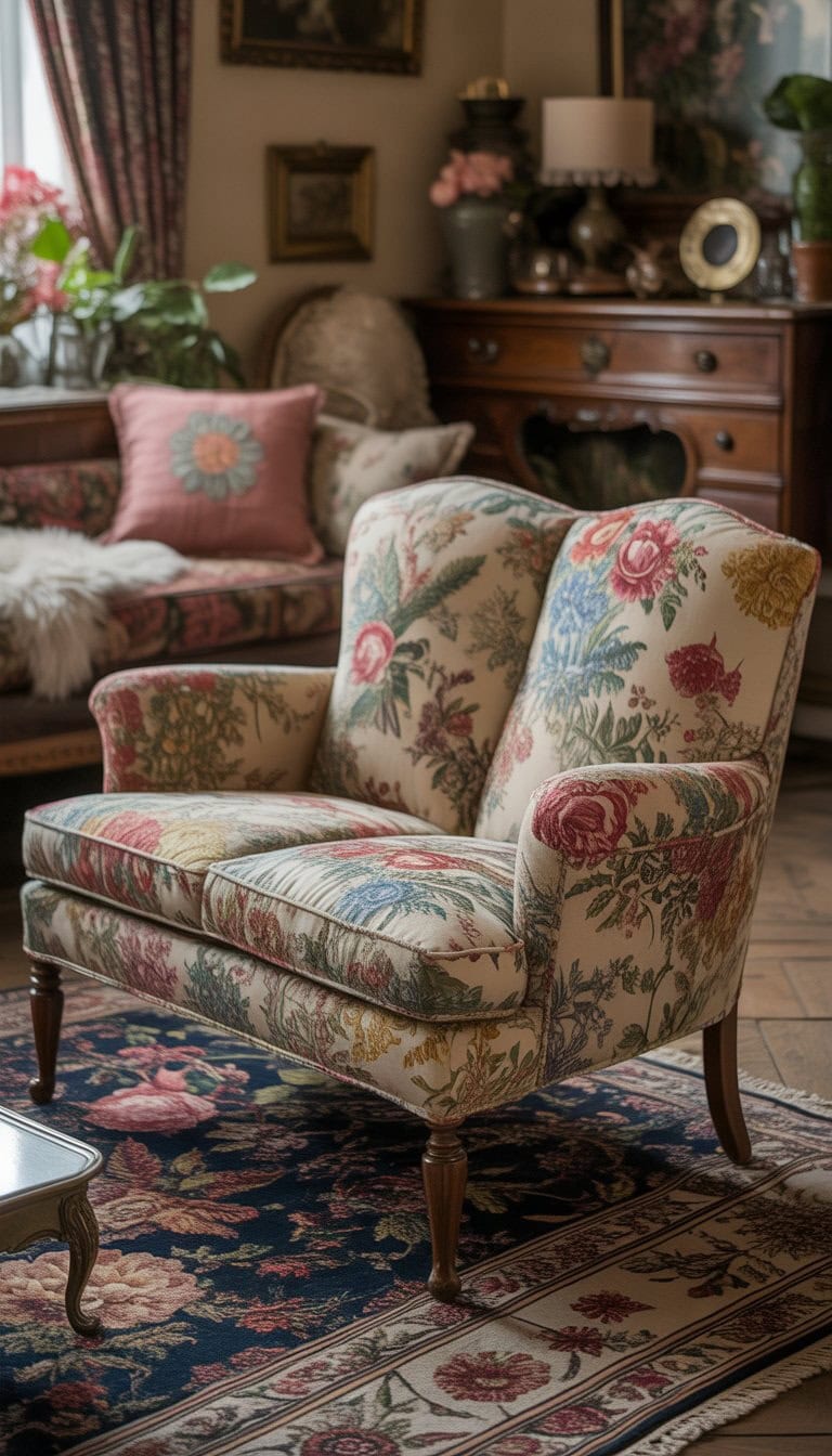 A vintage loveseat with floral upholstery in a cozy living room surrounded by antique furniture and decorative cushions.