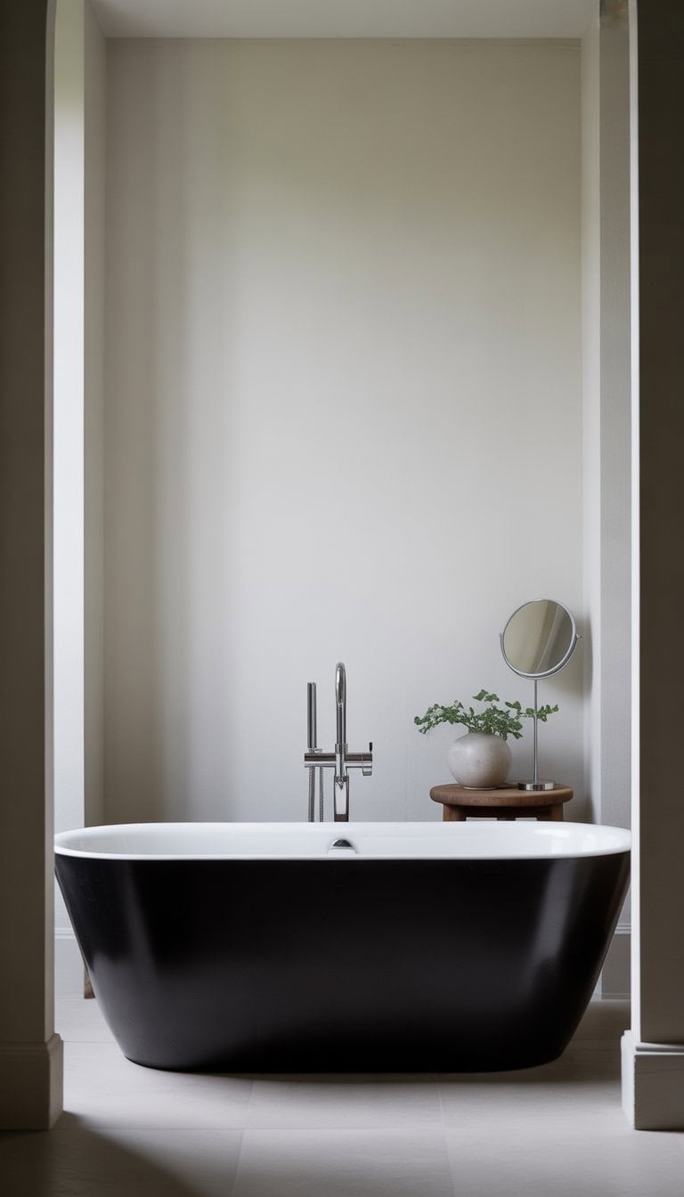 A bathroom with a black freestanding bathtub against white walls and a small plant on a wooden stool nearby.