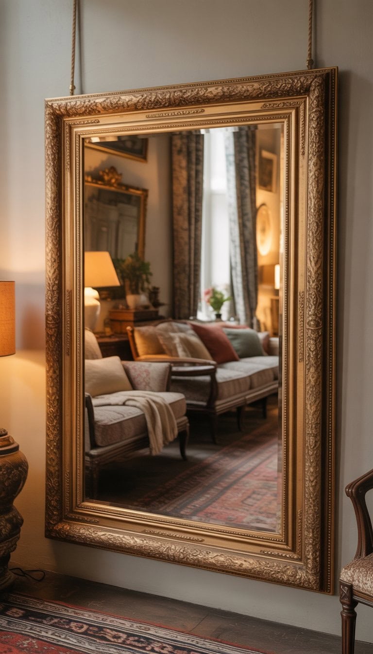 A large ornate gold-framed mirror hanging on a wall in a living room with vintage furniture and decor.