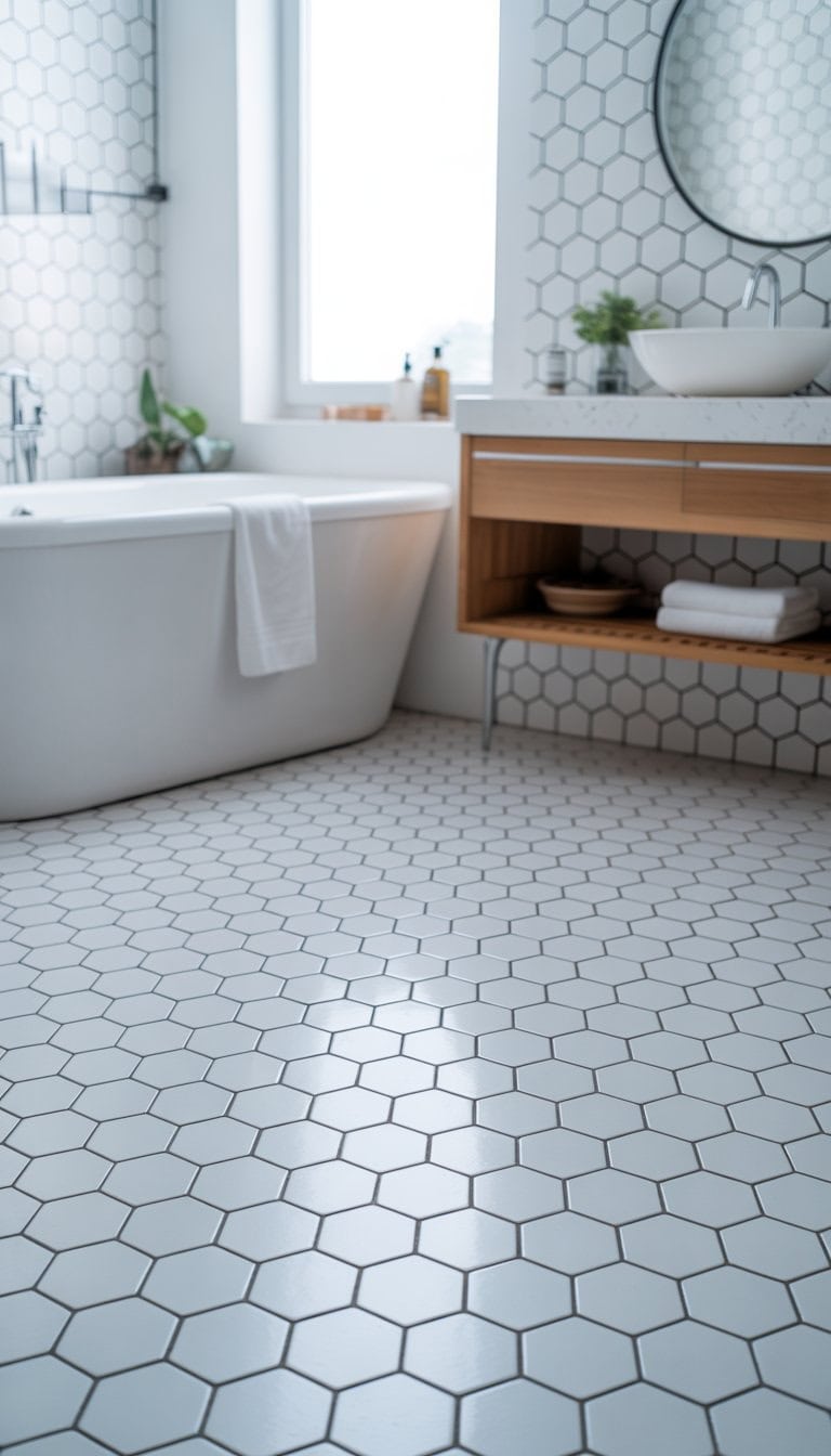 A bright bathroom with white hexagonal tiles and black grout, featuring a bathtub, vanity, mirror, and a small plant.