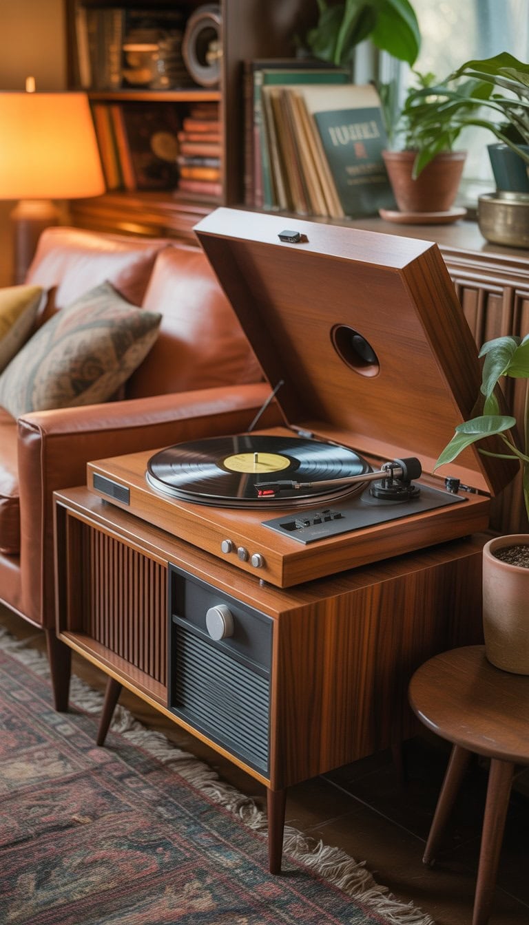 A wooden record player console with a vinyl record spinning, surrounded by vintage decor in a cozy living room.