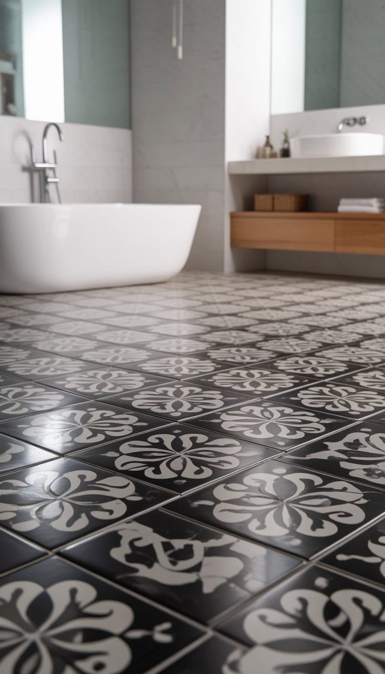 A bright bathroom with a white bathtub, wooden vanity, and black and white patterned floor tiles.
