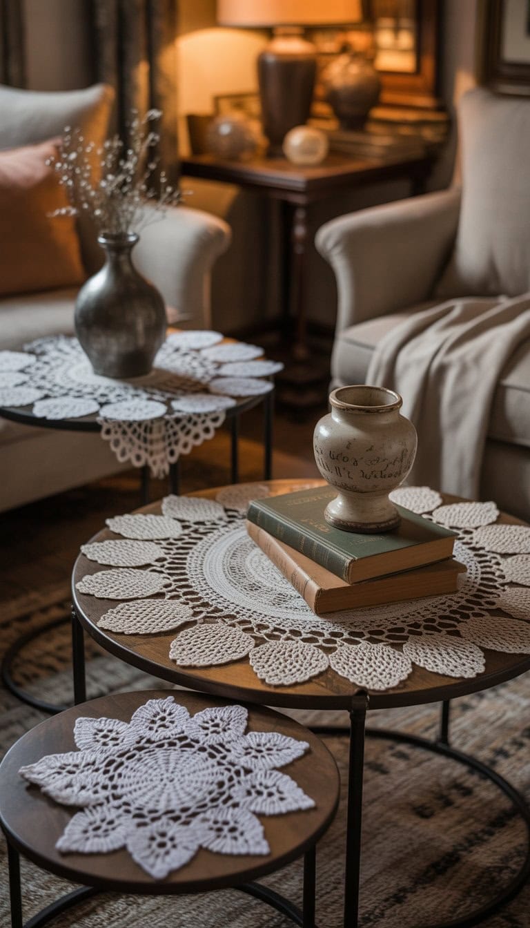 Living room with side tables covered in lace doilies and vintage decorative items.