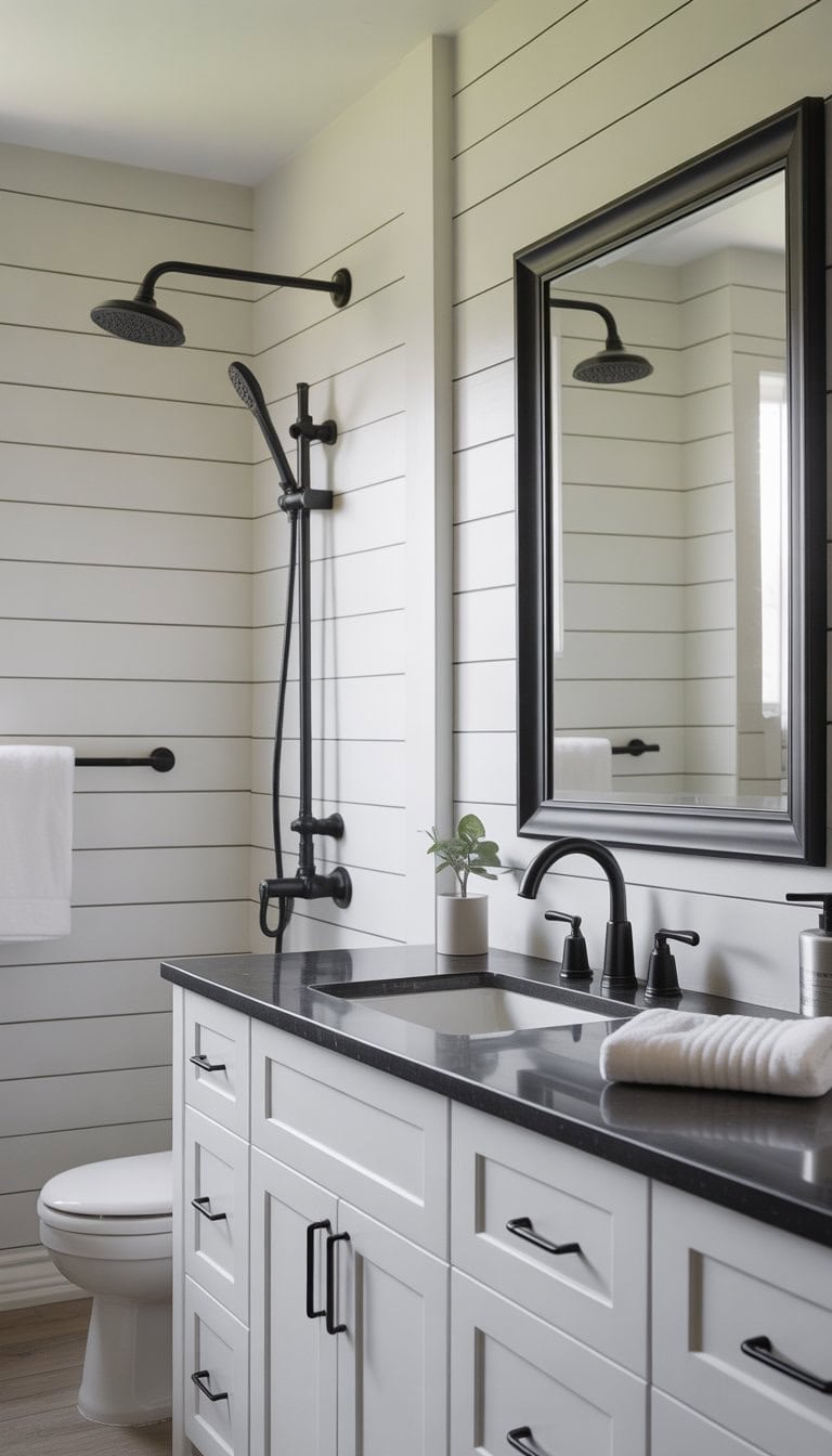 A bathroom with black fixtures mounted on white shiplap walls, featuring a vanity with a mirror, faucet, and towel racks.