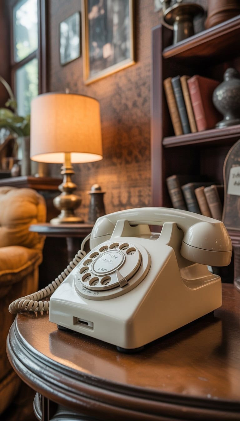 A vintage rotary dial telephone on a wooden side table in a living room with books, a lamp, and patterned wallpaper.