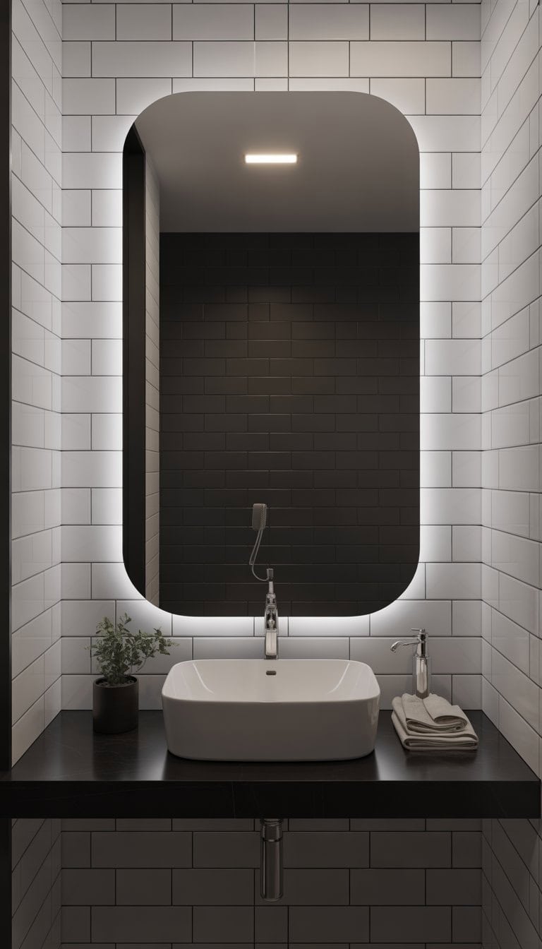 A modern bathroom with a backlit black framed mirror, white tiled walls, a black countertop, and a white sink.