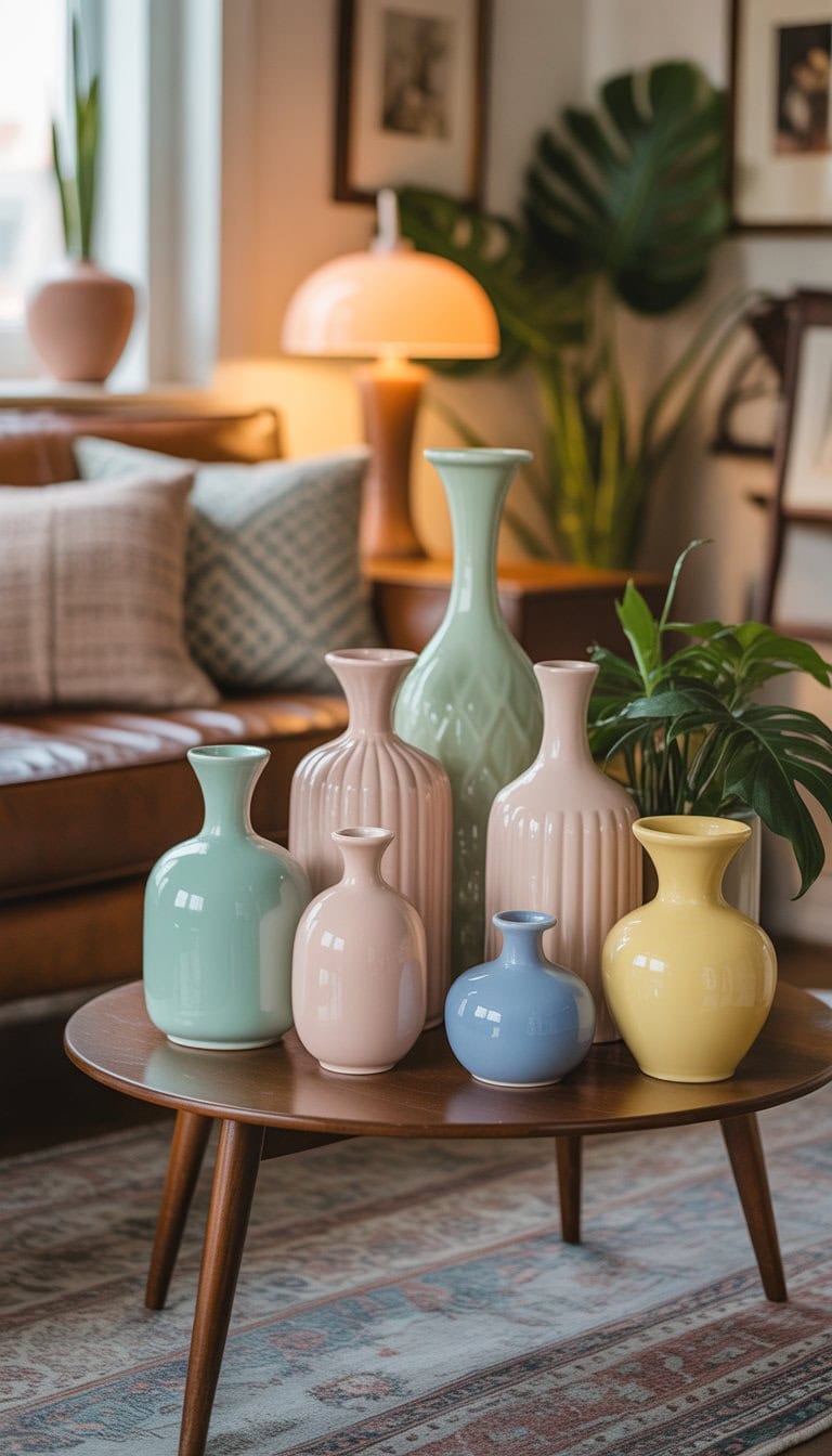 A collection of pastel-colored ceramic vases arranged on wooden furniture in a cozy living room with vintage decor and natural light.