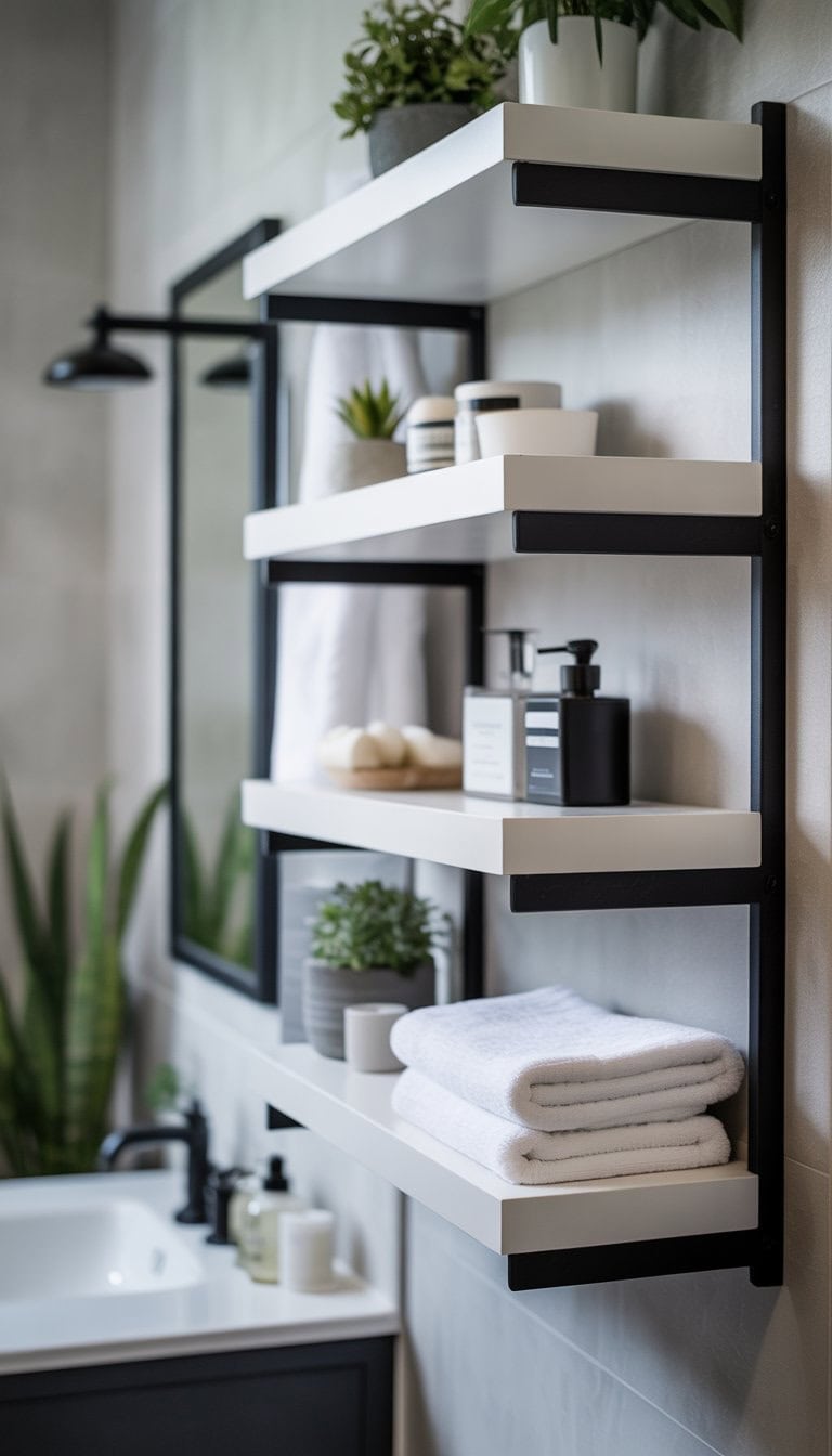 A bathroom wall with white floating shelves held by black brackets, displaying plants, towels, and bathroom accessories.