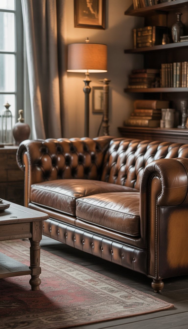 A weathered leather Chesterfield sofa in a cozy living room with vintage decor and warm lighting.