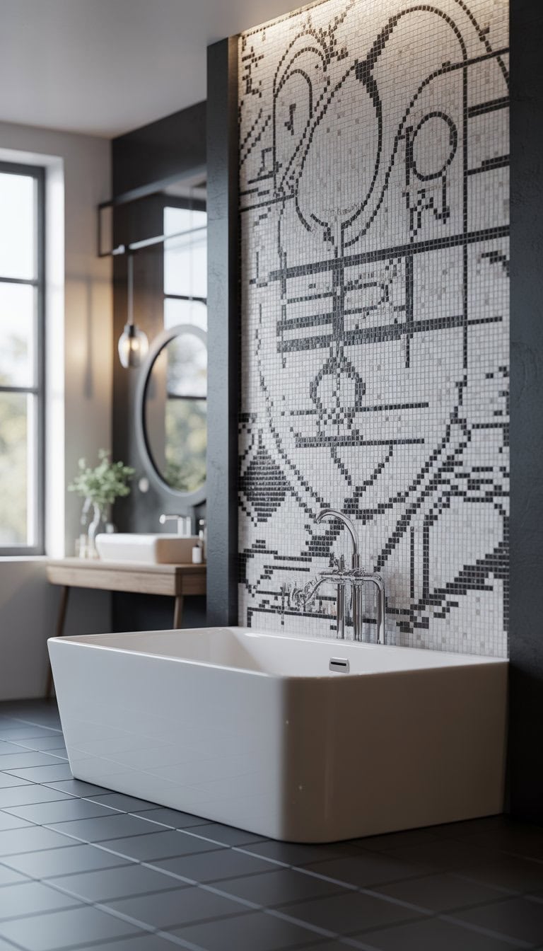 A modern bathroom with a black and white mosaic tile wall, a white freestanding bathtub, a round mirror, and a small green plant.