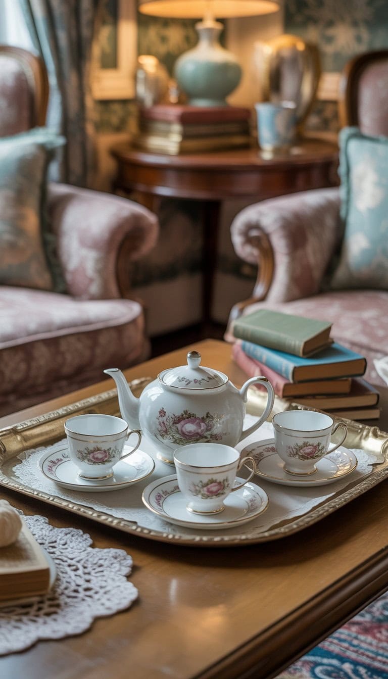 A porcelain tea set on a tray placed on a wooden table in a cozy living room with vintage decorations.