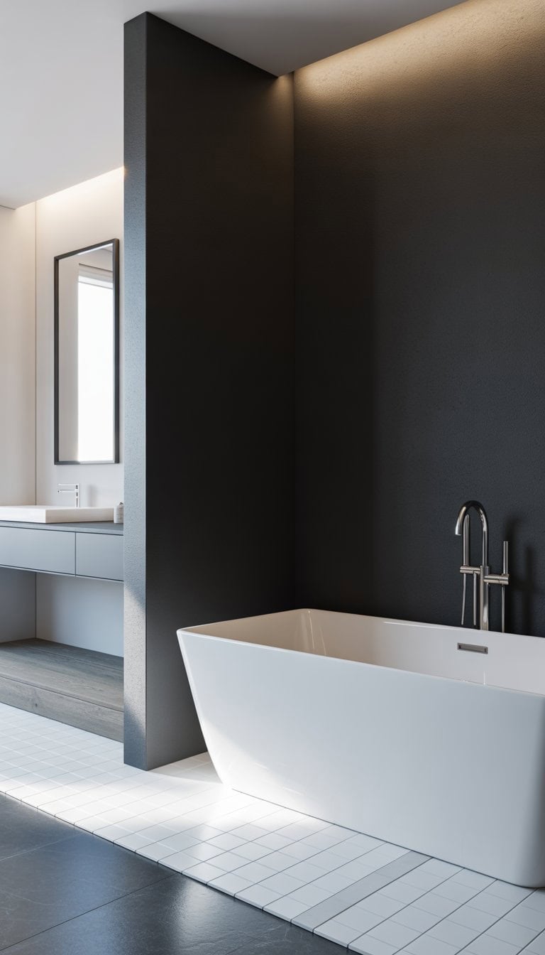 A bathroom with a black accent wall, white bathtub, and white vanity illuminated by natural light.