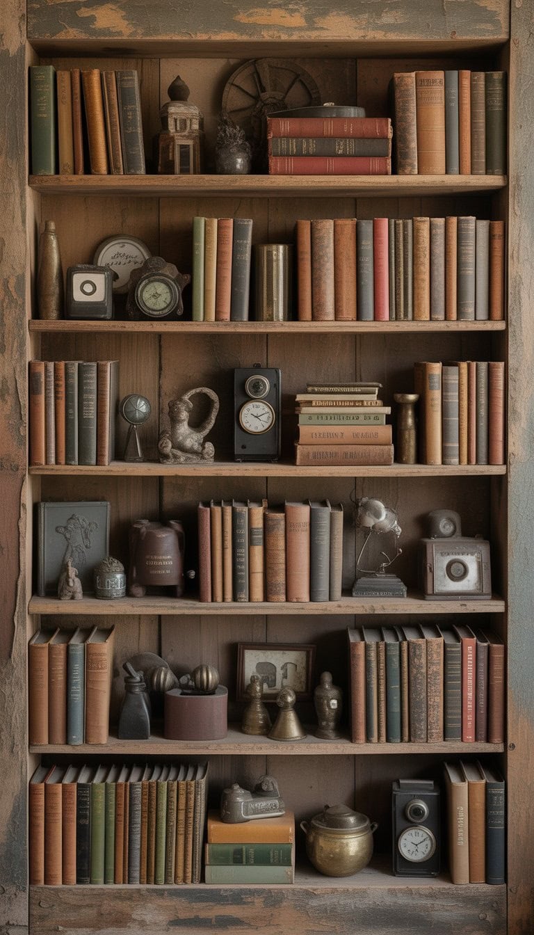 A reclaimed wood bookshelf filled with old books and vintage decor items in a living room.
