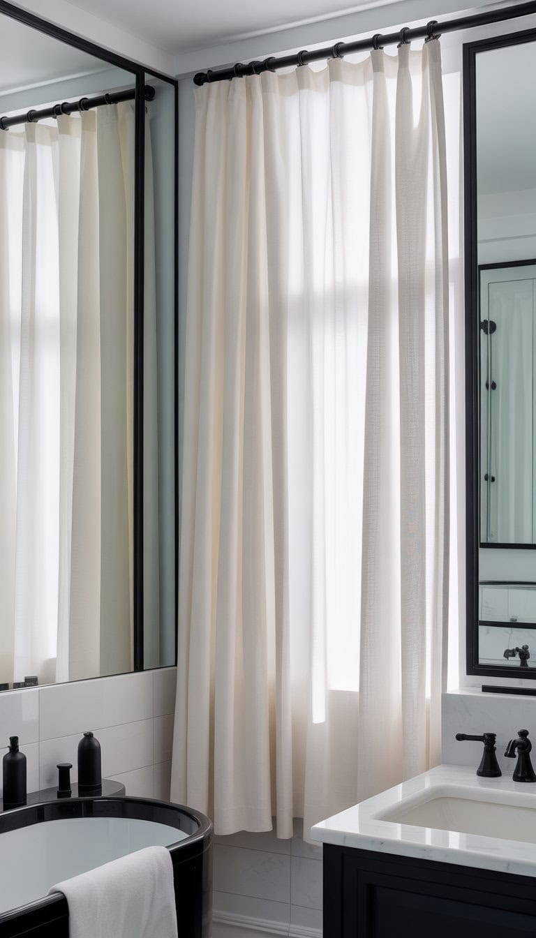 A bathroom with white curtains hanging from black rods, featuring a white bathtub and black fixtures.