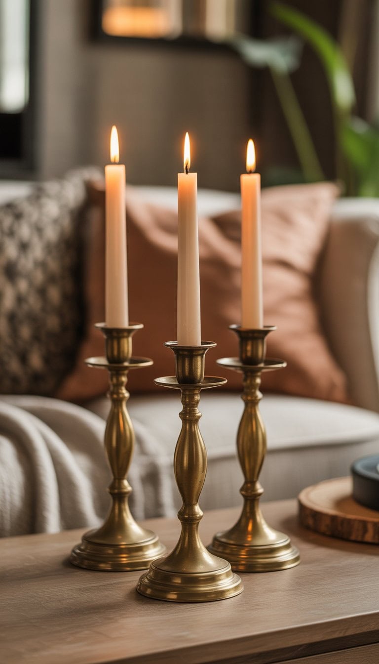 A set of antique brass candlesticks with tapered candles on a wooden surface in a cozy living room.