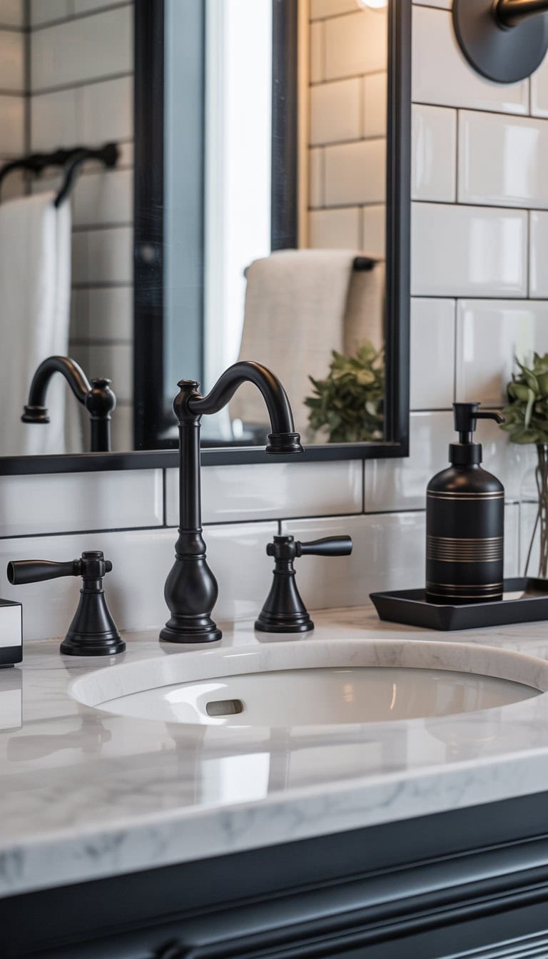 A modern bathroom with black brass fixtures and white tiles, featuring a sink, faucet, towel racks, and a mirror.