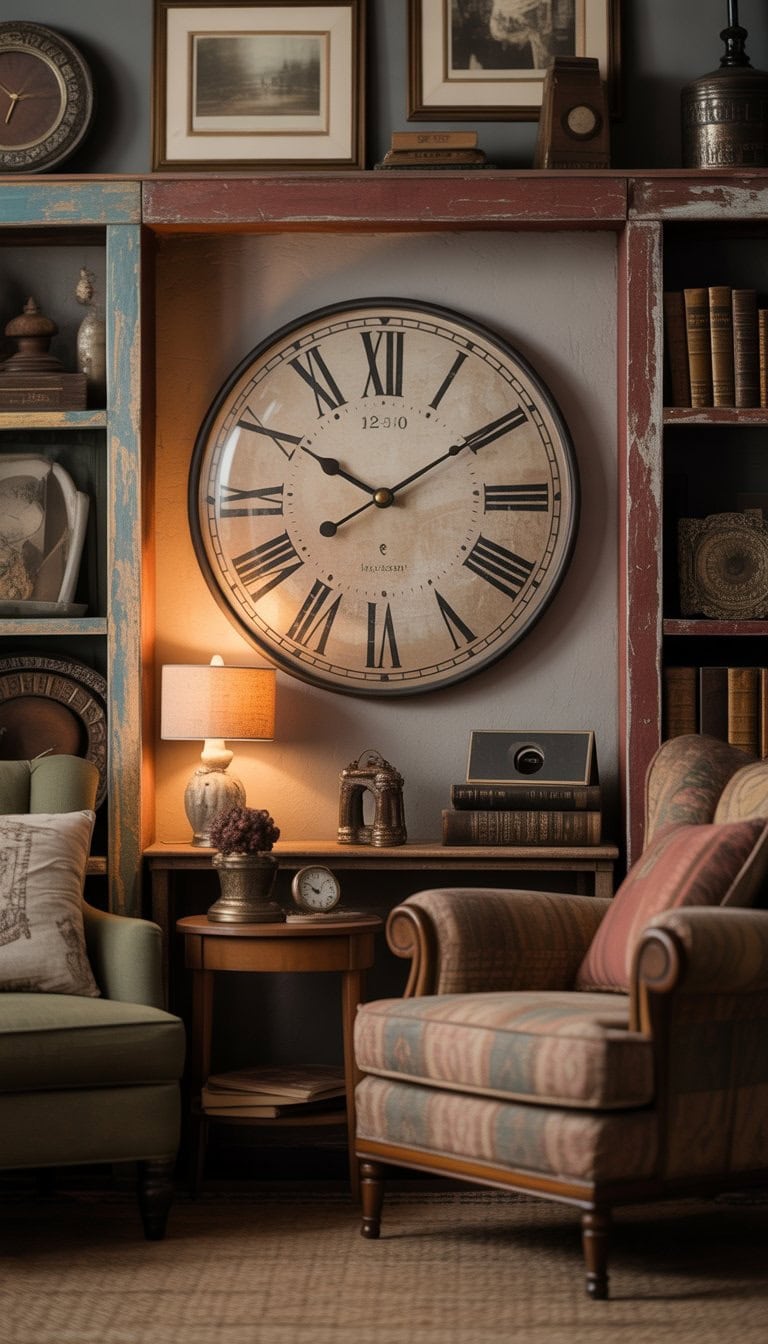 A cozy living room with a vintage wall clock showing Roman numerals on the wall, surrounded by antique furniture and warm lighting.