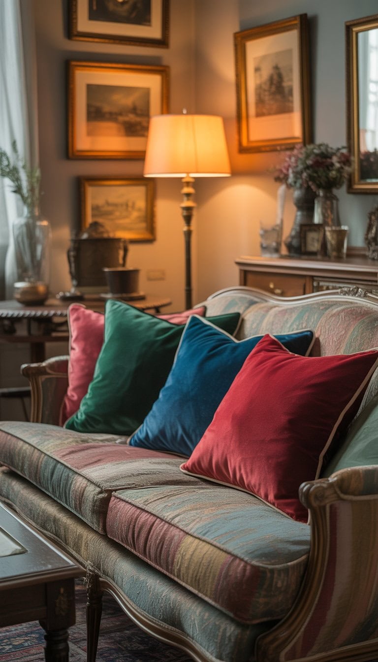 A living room with velvet throw pillows in jewel tones on a vintage-style sofa surrounded by antique decor.