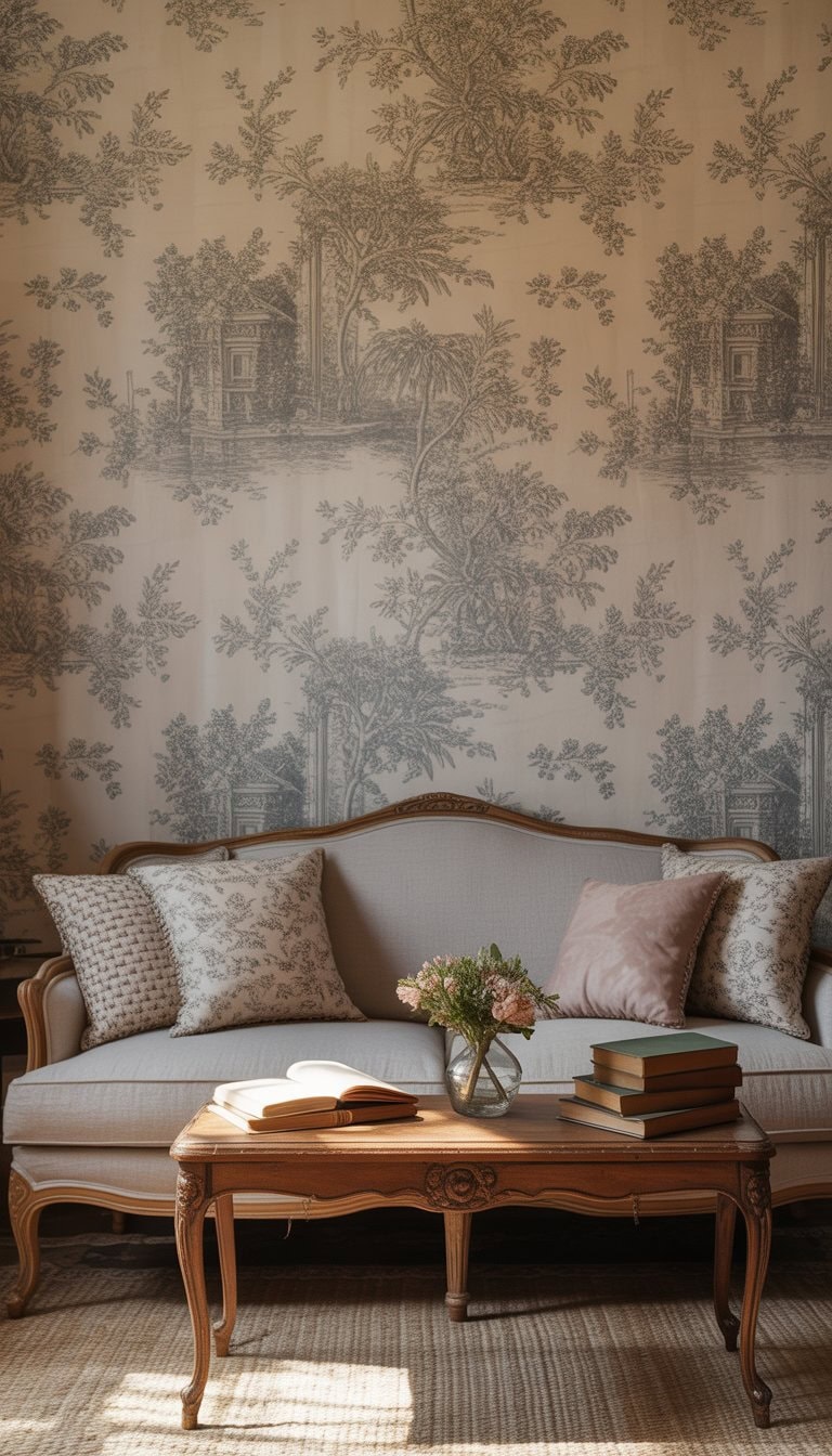 Living room with a sofa, coffee table, and a faded patterned wallpaper accent wall.