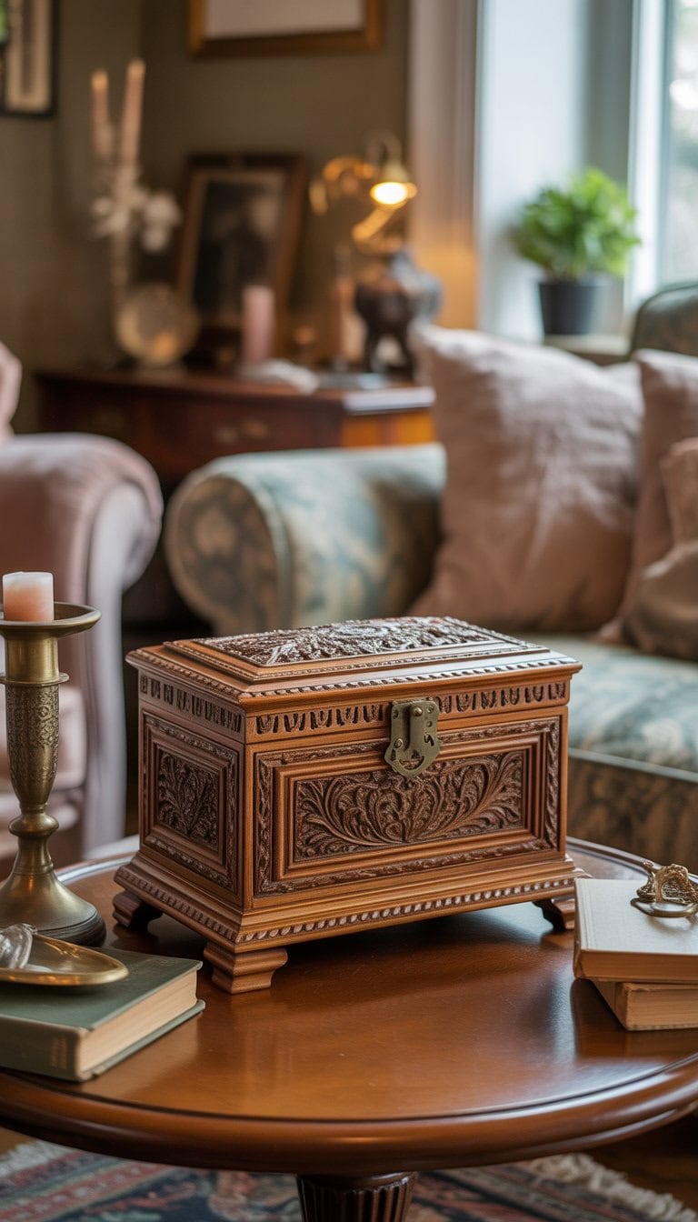 A carved wooden jewelry box displayed on a wooden table in a living room with vintage decor and soft natural lighting.