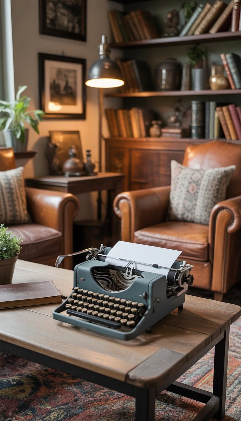 A living room with a vintage typewriter on a wooden coffee table surrounded by leather armchairs, bookshelves, and warm lighting.