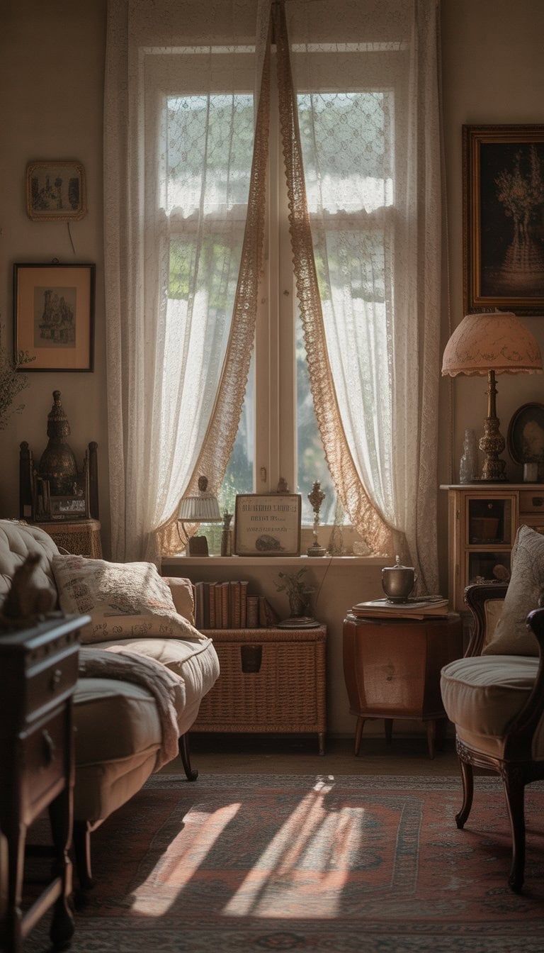 A cozy living room with lace curtains softly filtering sunlight, vintage furniture, and decorative items creating a warm and inviting atmosphere.