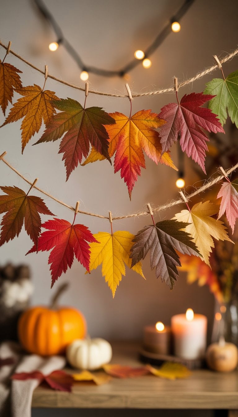 A pressed leaf garland made from colorful autumn leaves hanging indoors with fall decor around it.