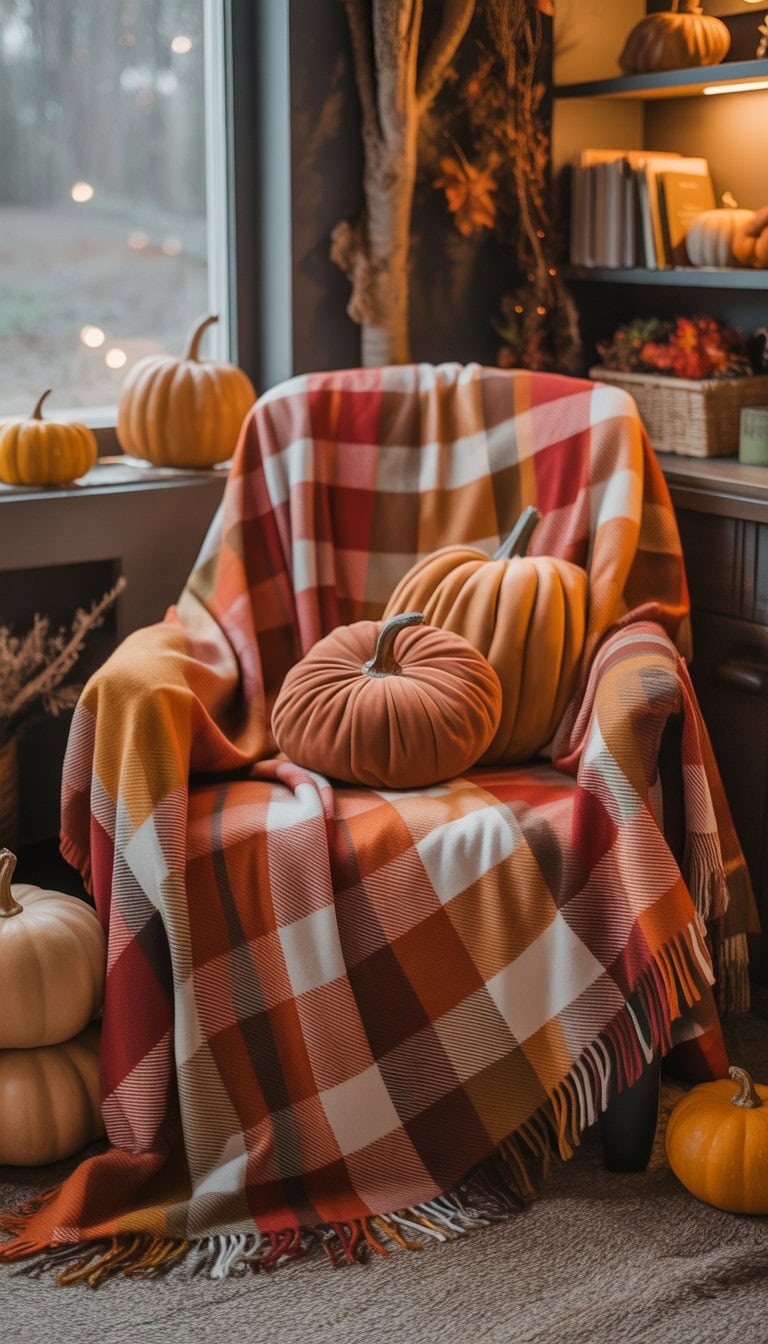 A cozy indoor reading nook with a plaid blanket and pumpkin-shaped pillows on an armchair, surrounded by small pumpkins and warm fall decorations.
