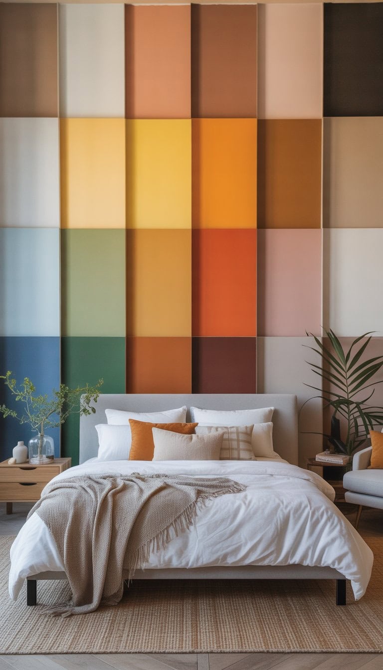 A bedroom with a modern bed and large windows, featuring multiple colorful wall sections and cozy furnishings.