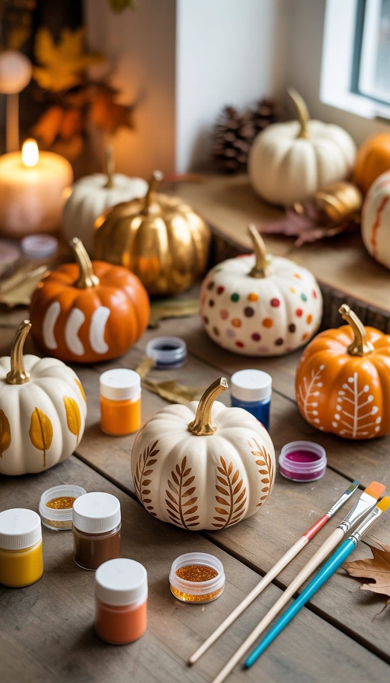 Small ceramic pumpkins being painted and decorated on a wooden table surrounded by paint supplies and autumn leaves.