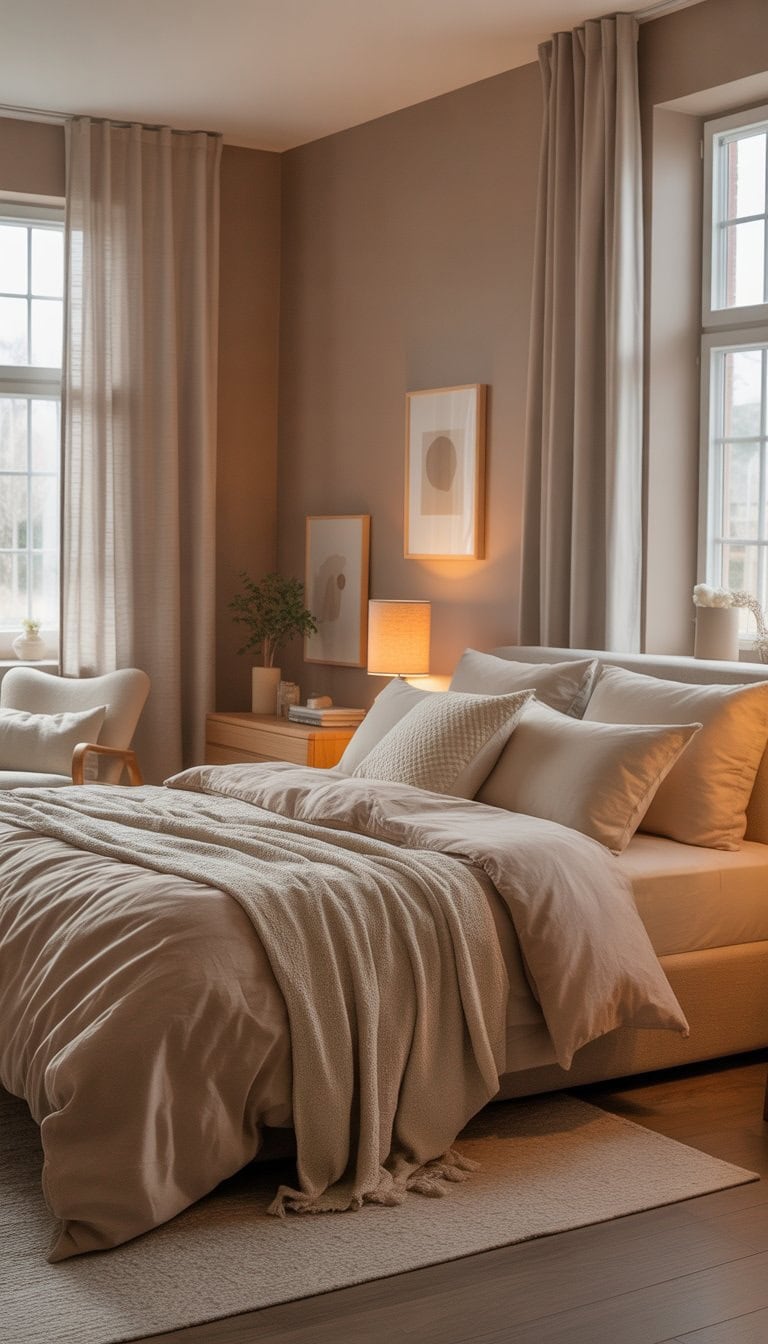 A cozy bedroom with soft taupe walls, a neatly made bed, natural light from large windows, a wooden nightstand with a plant and lamp, and a comfortable armchair.