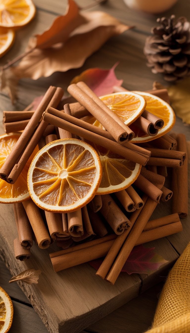 Close-up of cinnamon sticks and dried orange slices arranged together with autumn leaves and pine cones on a wooden surface.