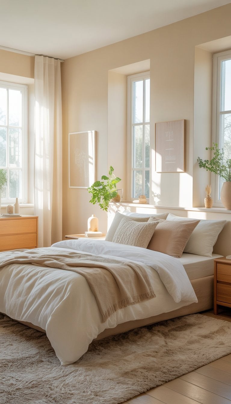 A bright bedroom with creamy white walls, a bed with white and beige linens, wooden furniture, large windows with sheer curtains, and green plants.