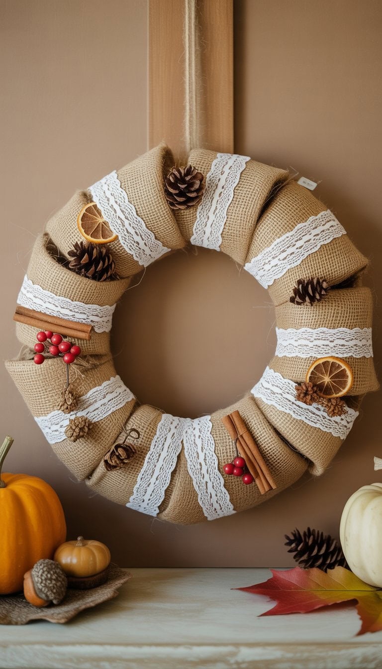A fall wreath made of burlap and lace decorated with pine cones, dried orange slices, cinnamon sticks, and red berries hanging on a wooden door with autumn decor around it.