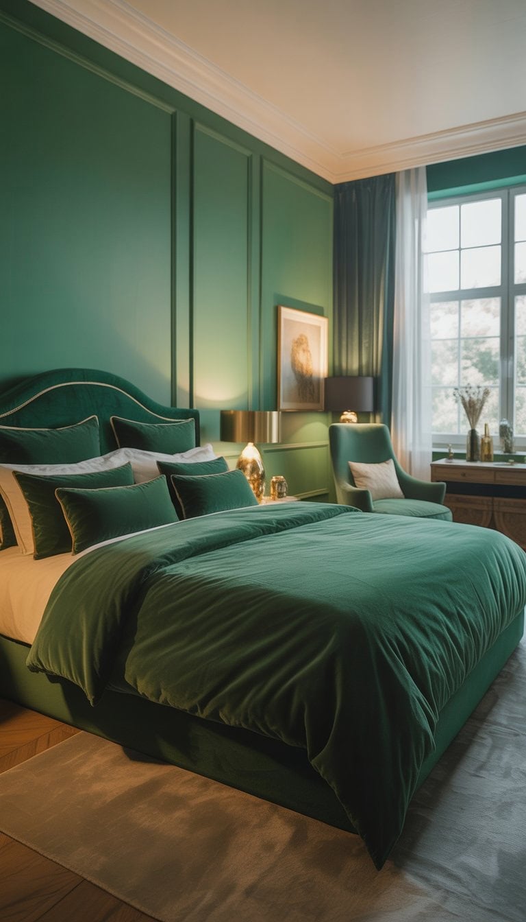 A bedroom with emerald green walls and bedding, a large bed, bedside lamps, an armchair, and a window with sheer curtains.