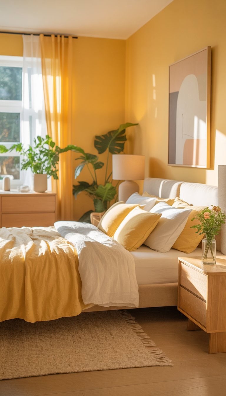 A bright bedroom with butter yellow walls, a bed with white and yellow bedding, wooden furniture, plants, and sunlight streaming through sheer curtains.