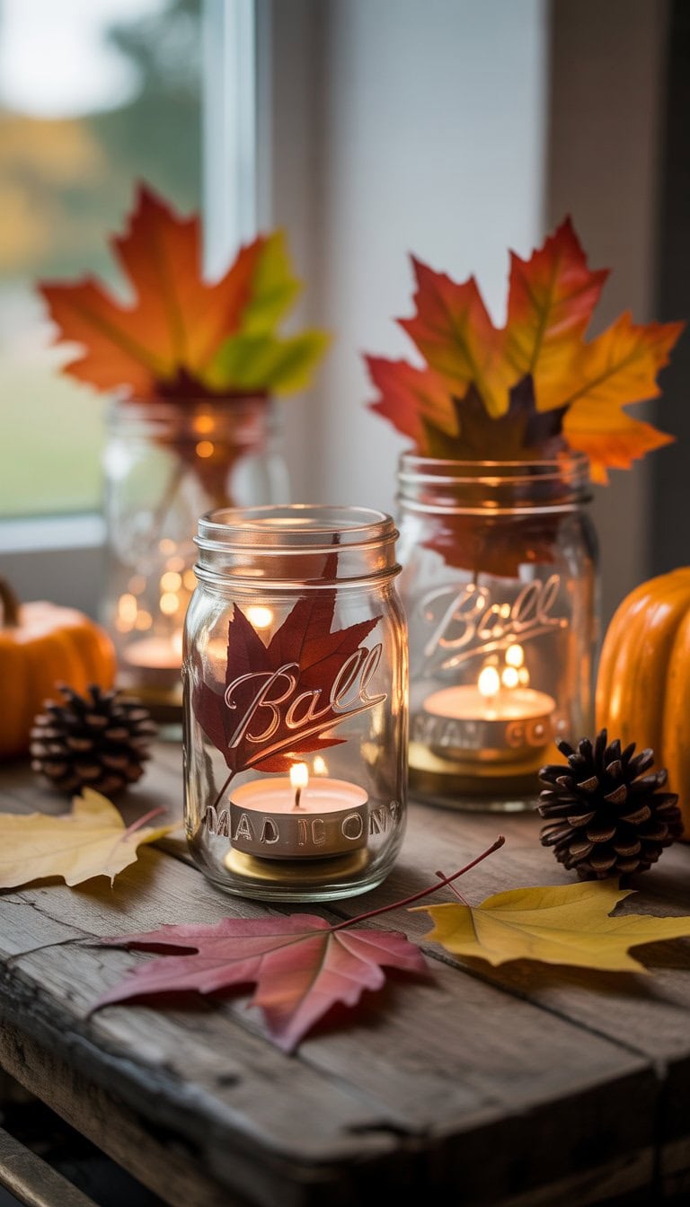 Mason jars filled with autumn leaves and lit candles on a wooden surface surrounded by fall decorations like pumpkins and pine cones.